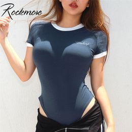 Rockmore Skinny Elegant Bodycon Bodysuit Women Casual Ladies Bodysuit Blue Short Sleeve O Neck Romper Jumpsuit Office Cotton 220714