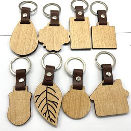 Men Women Wood Key ring Simple DIY Blank Multi Shaped Wooden Pendant PU Leather Kay Chain Handmade Jewellery Gifts Wholesale