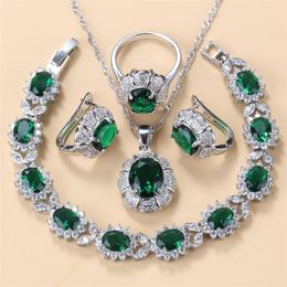 925 Mark Bridal Necklace And Earrings Jewelry Sets For Women Fashion Wedding Dress Costume Green Zircon Charm Bracelet And Ring 220726