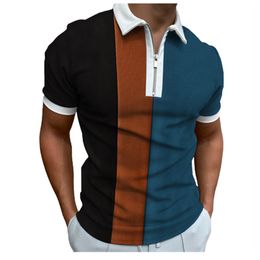 Summer New Stripe Print Golf Polos T-shirt For Men Slim Fit Zipper Lapel Design Short Sleeve Splicing Casual Polo T Shirt 2022-2