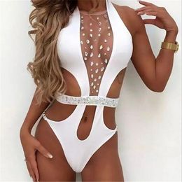 Women's Two Piece Pants Shiny Gems Mesh See Through Bodycon Bodysuits Women Sleeveless Hollow Out Rhinestones Jumpsuit Beach Playsuits Sexy