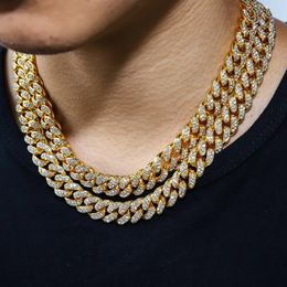Hip Hop Iced Out Paved Rhinestones 1Set 13MM Gold Colour Full Miami Curb Cuban Chain CZ Bling Necklaces For Men Jewellery Pulsera Chains