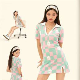 Women Casual Dresses Spring/Summer Ladies Knit Dress Sweety Style Polo Neck Short Sleeve contrast Colour Colorblock Checkerboard Slim Fit Slit A-Line Mini Skirt