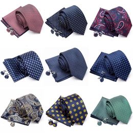 Mens Jacquard Tie Cravat Cufflinks Set Necktie Fashion Stripe Ties For Men Wedding Dress Handkerchief Accessories