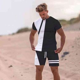 Streetwear Man Sets Black White Splicing Stripes Summer T-shirt+ Shorts 2Piece Sets Tracksuit Men's Oversized Sportswear Fitness Y220420