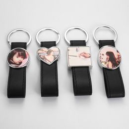 DIY leather sublimation blank leather keychains thermal transter square round oval heart keychain photo frame keyring Silver Plated Car Key Ring Lovers Jewelry