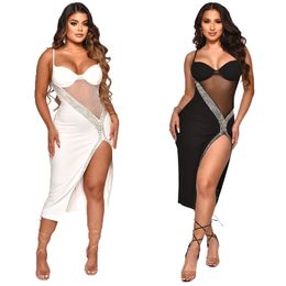 Sexy Slip Dress Fashion Rhinestone Design Tight Skirts See-through Mesh Spaghetti Strap Slip Midi Dresses