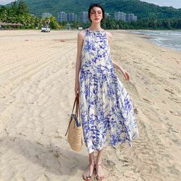 Summer Blue And White Porcelain Print Maternity Long Dress Halter Collar Sleeveless Chiffon Dress Pregnant Woman Beach Dress J220628