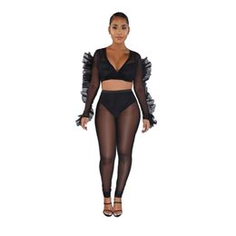 Autumn Winter Women Two Piece Set Top and Pants Plus Size Tracksuit Sweatsuit Outfit Mesh Ruffles Tank Top and Pants Sets