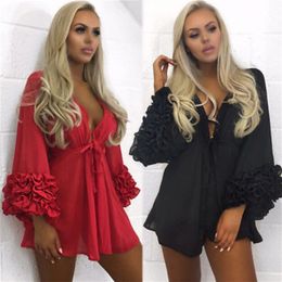 Sexy Mesh Beach Mini Dress Women Bikini Bathing Suit Cover Ups Long Puff Sleeve Sarong Wear Pareo Tunic Robe 220524