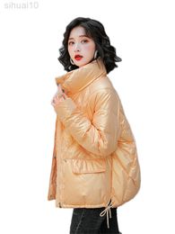 Fashion Shiny Down Cotton Jacket Women 2022 Winter Warm Bread Jacket Casual Stand Collar Thick Outer Wear Tops Female L220730