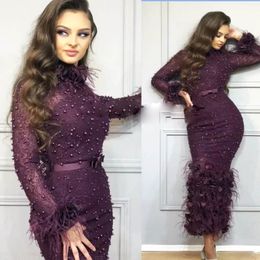 custom plus size pearls beading burgundy feather tea length high neck evening gown dresses formal with long sleeve mother of the bride