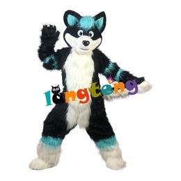 Mascot doll costume 959&amp983 Long Fur Furry Black Husky Fox Dog Mascot Costume Fursuit Outfit Carnival Halloween Xmas Easter