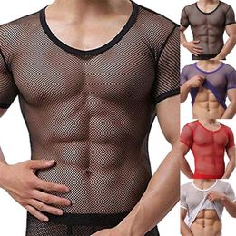 Sexy Men Mesh See Through TShirt Fishnet Hollow Clubwear Streetwear Perform Male Short Sleeve Undershirt Top Tee 220614