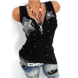 Sexy Harajuku Tshirt Diamonds T Shirt Women Sleeveless Casual Y2K Top Tee Fashion Black Red Summer T-Shirt Woman Clothes V-Neck 220402