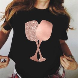 Rose Gold Wine Glasses Tshirts Women Shortsleeve Tee Shirt Wine Glass Funny T Shirts 90s Ulzzang Female Black Tops Tees 220527