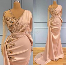 Plus Size Arabic V Neck Satin Long Sleeves Mermaid Evening Dresses 2022 Sheer Tulle Beaded Rhinestones Ruched Sweep Train Prom Gowns BC10607