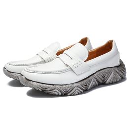 Thick heel Casual White Shoes Handmade Mens Full Grain Leather Loafers Fashion Driving Boats Gentlemen Flats