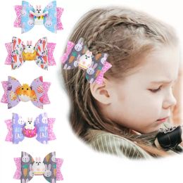 New Children Cartoon Anime Bow Leather Hair Clip Easter Egg Cute Rabbit Print Hairpin Boutique Girls Accessories