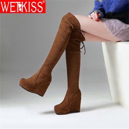 WETKISS Women High Heels Over The Knee Boots Round Toe Wedges Footwear Stretch Female Boot Platform Shoes Women Winter Boots 201112