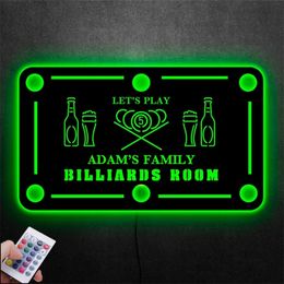 Billiards Lounge LED USB Wall Lamp Home Decor Personalised Custom Name Wooden Neon Sign Nightlights for Room Interior Lights 220623