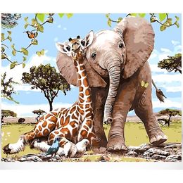 Painting By Numbers DIY Drop 40x50 50x65cm Giraffe With Elephant Animal Canvas Wedding Decoration Art picture Gift LJ200908