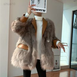 Qingwen New Autumn/Winter Jacket Imitated Fur Stitching Leather Fur Coat Women 2021 Streetwear Overcoat Casaco Feminino L220725