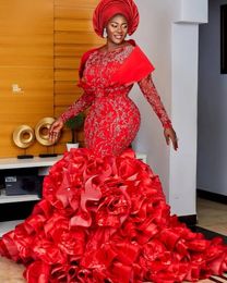 2022 Modest African Red Evening Dresses Long Sleeve Scoop Aso Ebi Mermaid Prom Gowns For Women Prom Party Dress