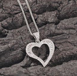 14K Gold Iced Out small Size Hollow Heart Pendant Necklace Bling Micro Pave Cubic Zirconia Simulated Diamonds with 3mm 18inch Box Chain