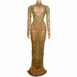 Evening Party Concert Model Catwalk Gowns Runway Dresses See Through Stage Costume Gold Rhinestones Crystals Mesh Long Sleeve Dress Celebrity Transparent Clothes