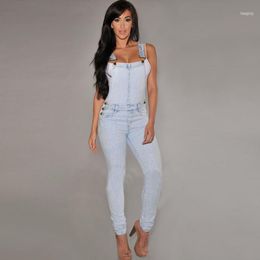 Wholesale- Women Jumpsuit Denim Overalls 2022 Spring Autumn Blue Strap Ripped Pockets Full Length Jeans Skinny