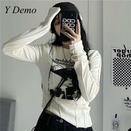 Y Demo Casual Slim T-shirt For Women O Neck Long Sleeve Grunge Letters Print Female Fashion Clothing 220326