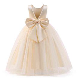 Flower Girls Party Dresses for Kids Pearls Big Bow Sleeveless Elegant Children Wedding Princess Dress V-back Teen Evening Gowns G220428