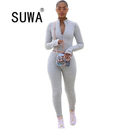 Solid Color Sporty Workout Active Wear Casual Matching Sets Women Skinny Bodycon Tracksuit Zipper Top And Pants Set 210525