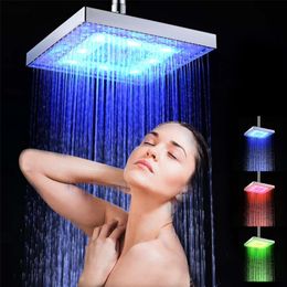 Shower Head LED Rainfall Square Automatically Color-Changing Temperature Sensor head for Bathroom 220401