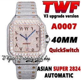 TWF V3 SA0009 Paved Diamonds ETA A2824 Automatic Mens Watch Fully Iced Out Diamond Arabic Rose Gold Dial Quick Switch Steel Bracelet Super Edition eternity Watches