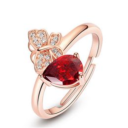 New Design Fashion Jewellery Opening Zircon Butterfly Ring Luxury Shining Butterfly Love Ring Silver Ruby Ring Simple Trendy Personality