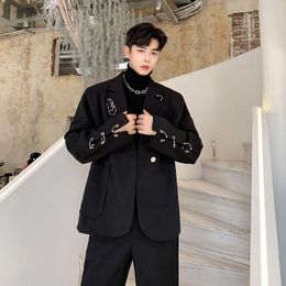 Men's Suits & Blazers Black Suit Jacket Men Iron Ring Decoration Long-Sleeve Casual Blaser Masculino Korean Fashion Single Buckle Male Blaze