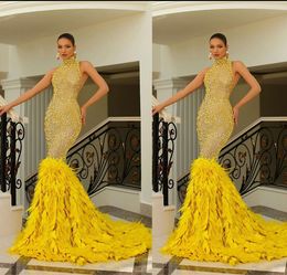 Red Carpet Gold Mermaid Evening Dress Couture Sparkly High Neck Sleeveless Feather Robe De Soiree Plus Size Dubai Formal Gown