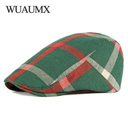 Unisex Thin Breathable Beret Hat Men Women Plaid Forward Cap Spring Summer Berets Cap Green Black Flat Peak Hats Visor J220722