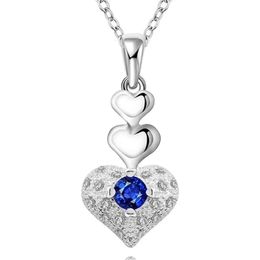 Wholesale 925 Silver Necklace Wedding Women Elegant Heart Blue Crystal Pendant Fashion Jewellery Valentine's Gift