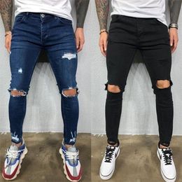 Men Jeans Black Blue Cool Skinny Knee Hole Ripped Stretch Slim Elastic Denim Pants Solid Color High Street Style Trousers Man 220718
