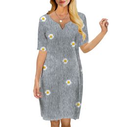 Women Dress Beautiful Daisy 3D Printed VNeck Loose Casual Short Sleeve Shift Dress for Female Dresses Grey Dress 220616