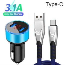 For Samsung Galaxy A12 A32 A52 A72 5G A21S A71 A51 A31 A41 Car USB Charger 3.1A Fast Charging Dual USB Charger Type-c USB Cable W220328