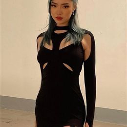 Yiallen Women Spring Casual High Street Stretch Slim Hollow Out Sexy Mini Bodycon Dresses Simple Solid Black Dresses 220615