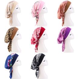 Pre-tied Satin Headwrap Printed Turban Cap Elastic Band Headscarf Stretch Chemo Cap Muslim Female Inner Hijab Turbante Mujer