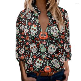 Women's Blouses & Shirts Loose Fashion Casual Tops Candy Skull Colourful Guitar Dia De Los Muertos Print Female Turn-down Collar Long Sleeve