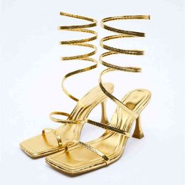 Sandals Women High Heels Shoes 2022 Gold Spiral Belt Fashion Heel Black Casual Square Head Stiletto Pumps 220412