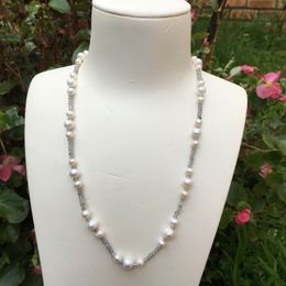 Hand knotted necklace 7-8mm 5-6mm freshwater pearl white pearl near round 4mm tangent plane flash stone 55cm