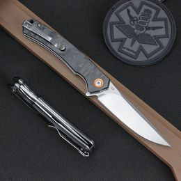 Top Quality R7602 Flipper Folding Knife D2 Stone Wash Drop Point Blade Carbon Fibre with Stainless Steel Sheet Handle Ball Bearing Fast Open Pocket Folder Knives